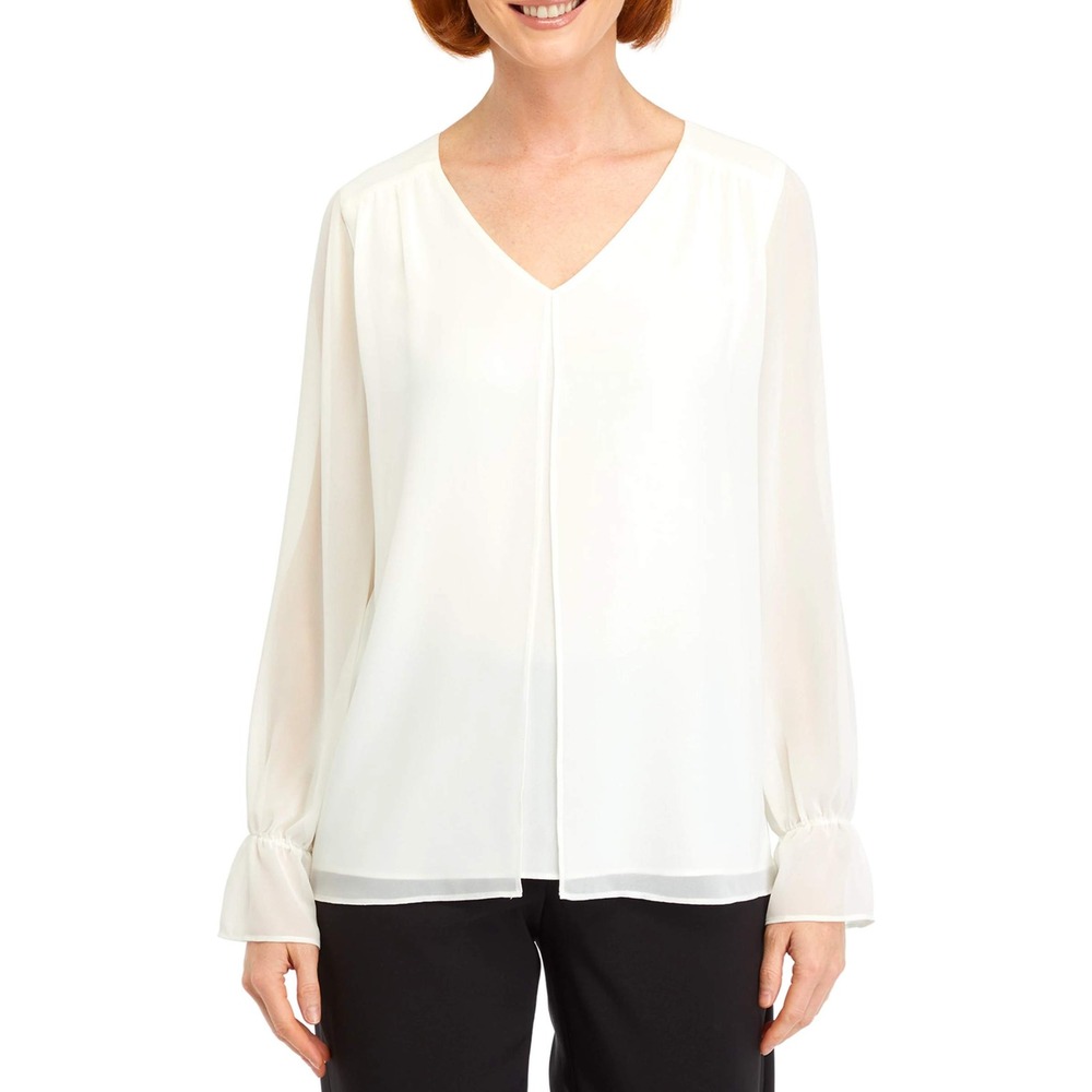 Anthropologie  Womens Cream V Neck Long Sleeve‎ Sheer Blouse Top Size M